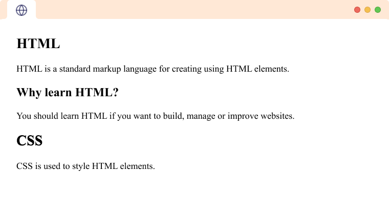Content organized using HTML Section tags