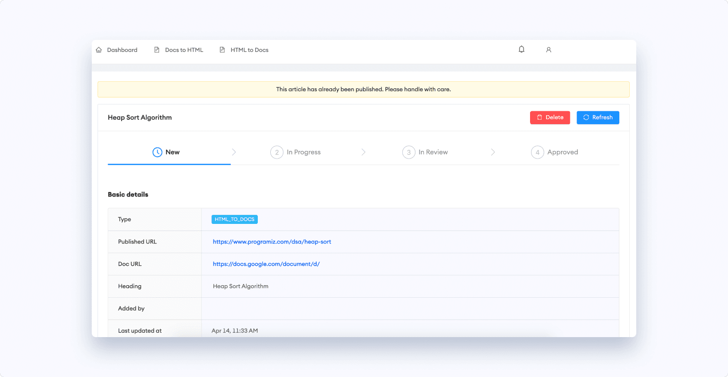 Content Workflow System Detailed View Interface