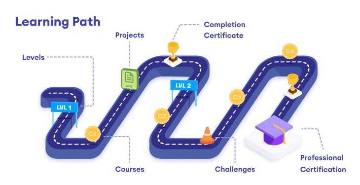 Courses in Programiz PRO are categorized in learning path that includes coursed, projects and challenges