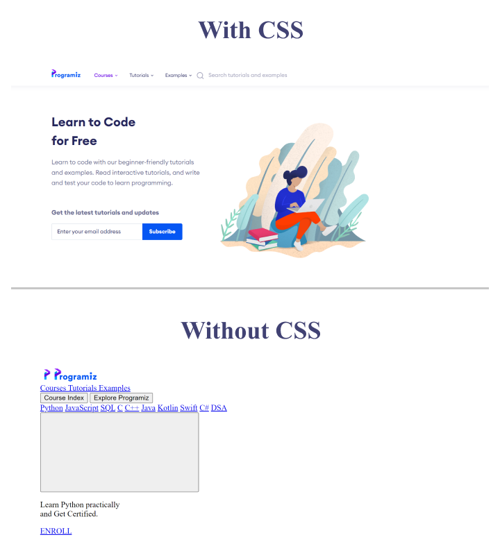 Programiz website compared with and without CSS.
