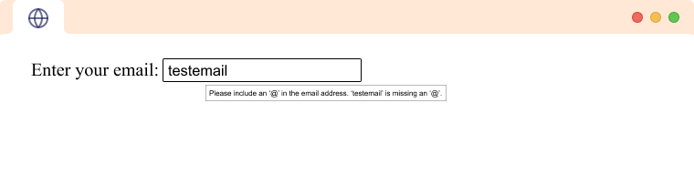 A HTML input type email showing validation