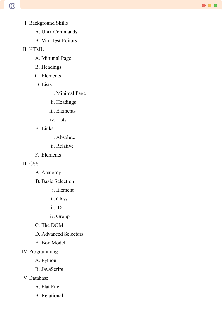 Deeply nested example of html lists showing a sample Table of Contents